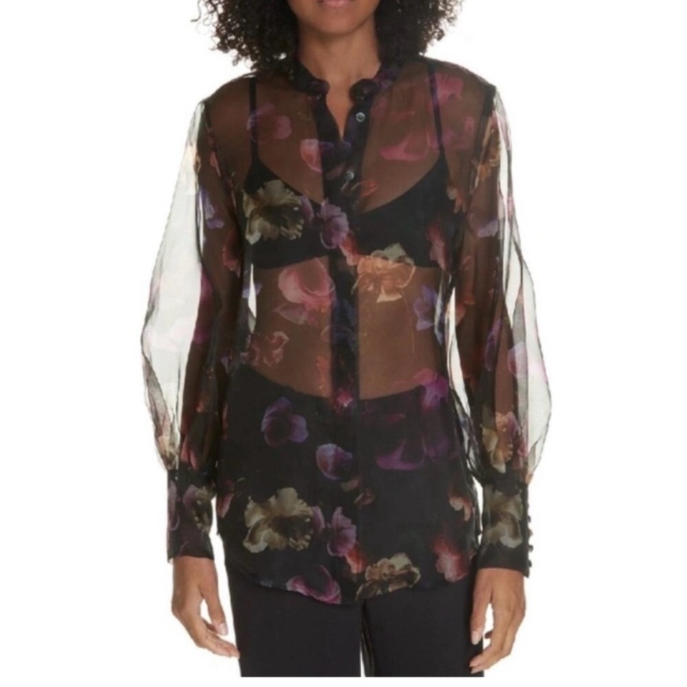 NWT Equipment Boleyn Button Front Floral Sheer Silk Blouse
